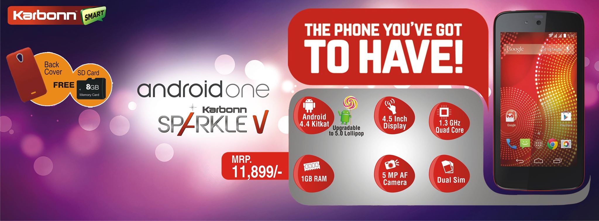 Get Free back cover, 8 GB card and 8% discount on Karbonn Sparkle V