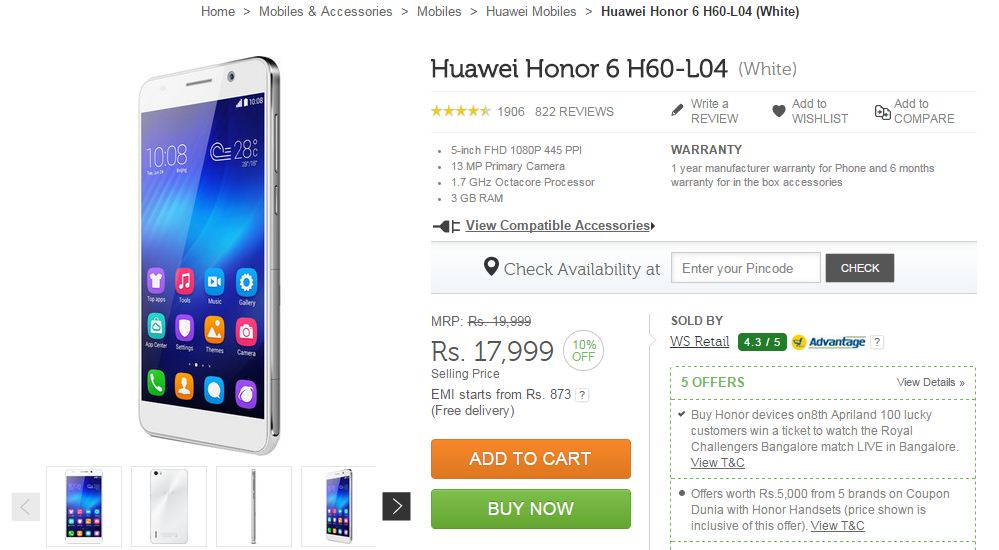 huawei honor 6 price in india