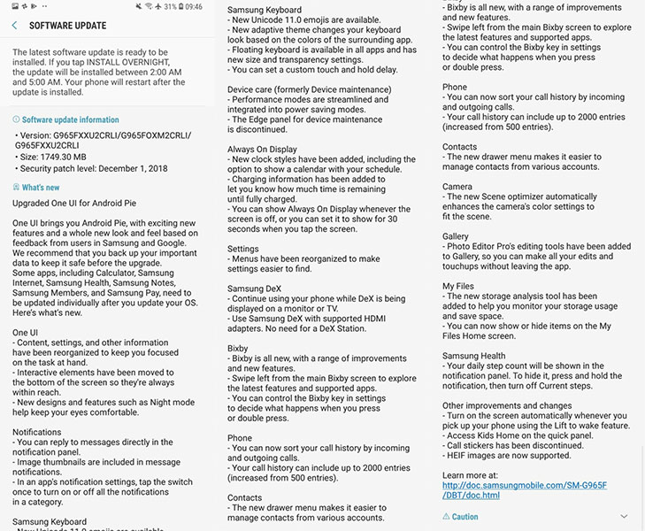 samsung galaxy s9 plus android pie changelog