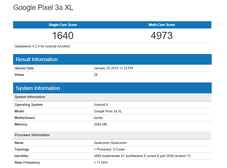 Pixel 3 Lite XL Geekbench Score