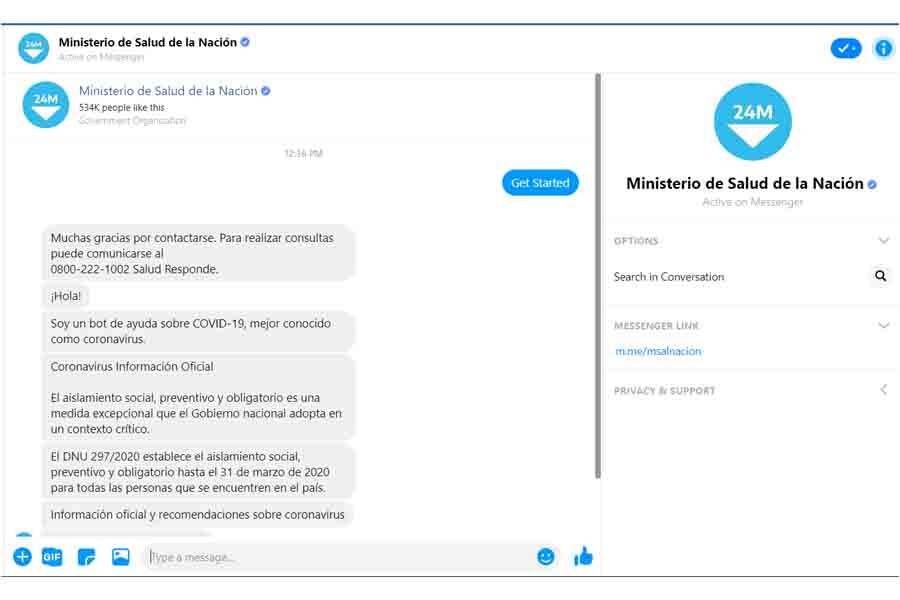 Argentina COVID-19 messnger bot, facebook battle against covid-19