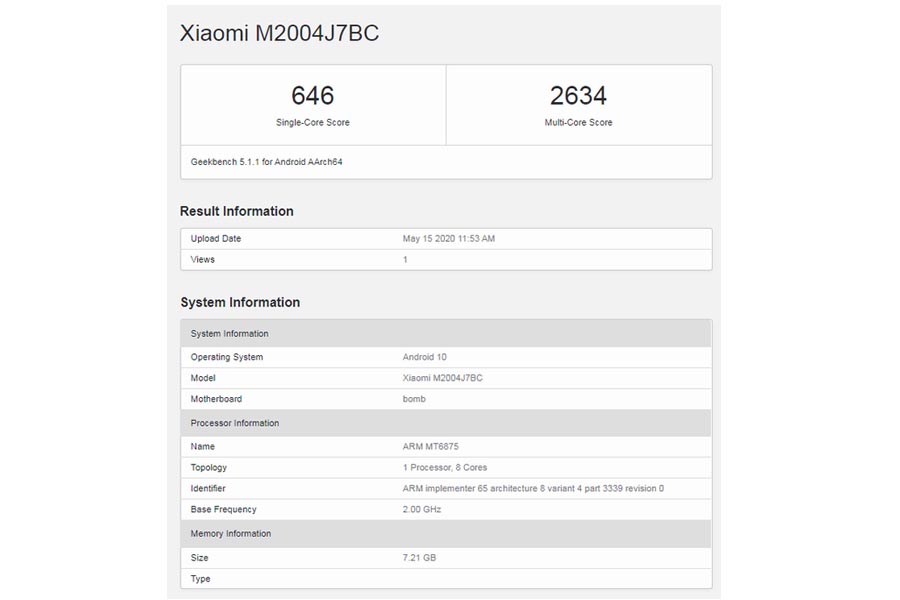 Mediatek Dimensity 820 geekbench result