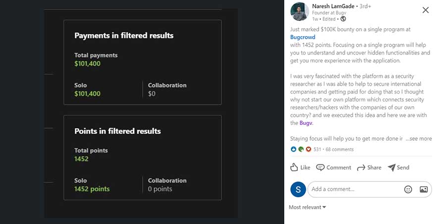 Naresh Lamgade bugcrowd reward $100000