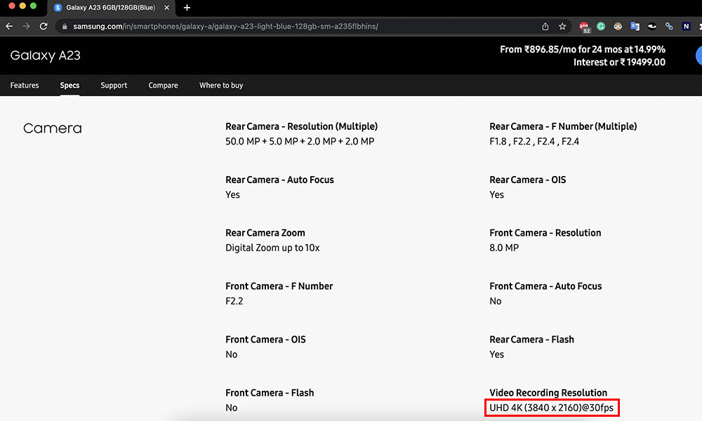 Samsung Galaxy A23 - 4K Recording Specs