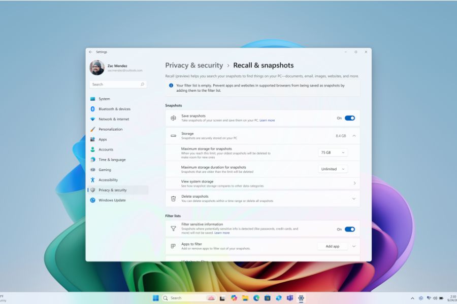 privacy and safety option in Recall