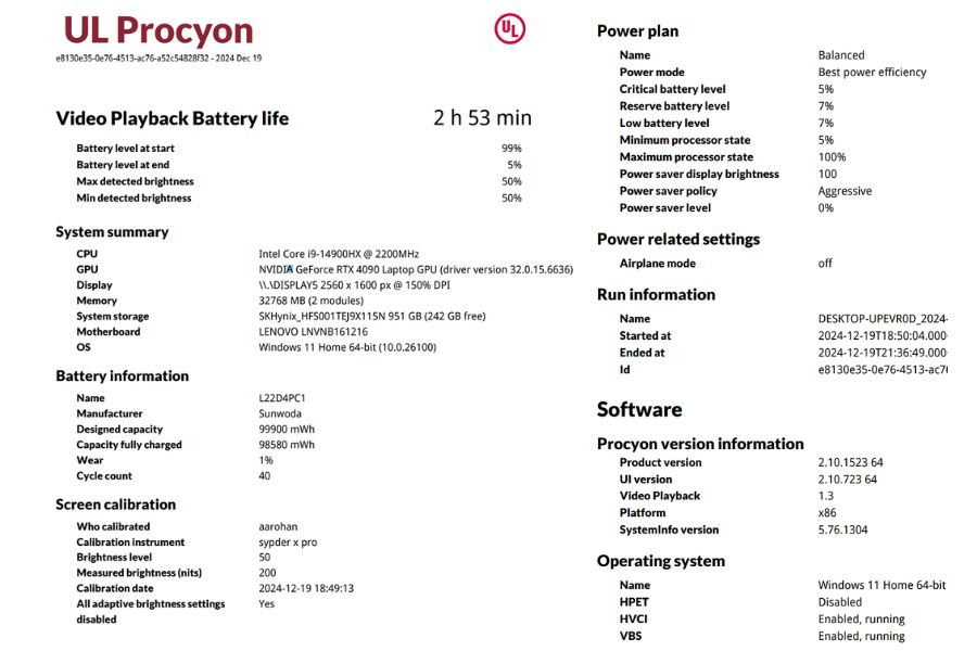 Legion Pro 7i Battery Life Video Playback Benchmark