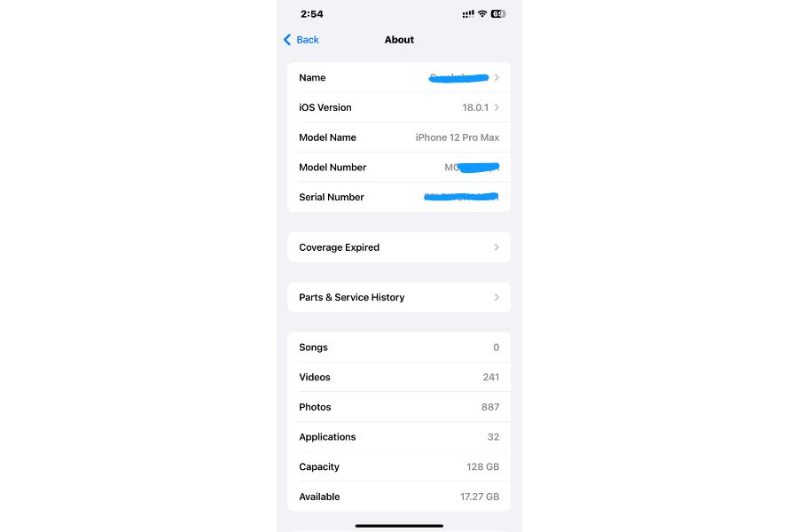 Model number in iPhone