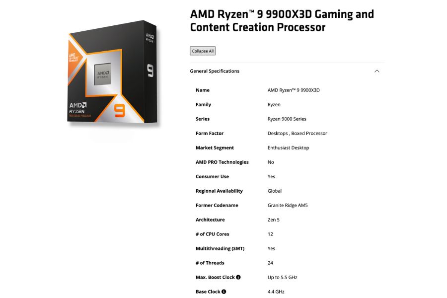 AMD Ryzen 9 9900X3D processor specs