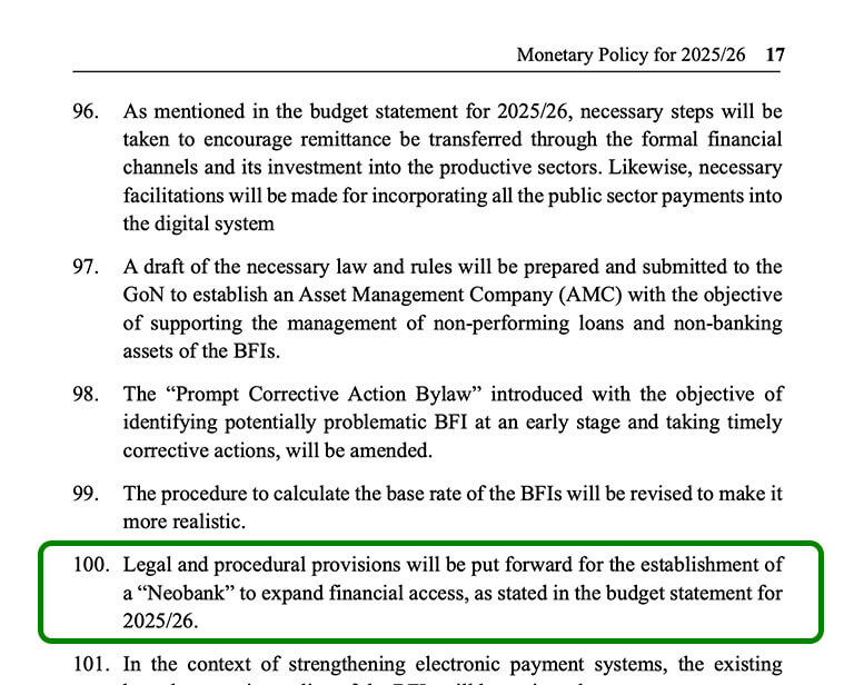 NRB monetary policy 2025-26 discussing neobank
