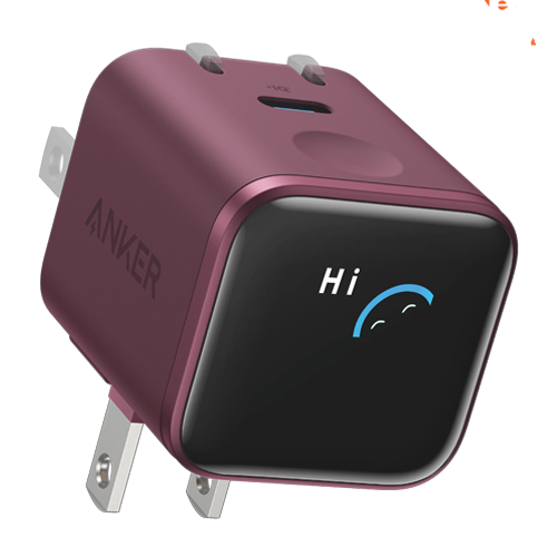 Anker Nano Charger (45W, Smart Display, 180° Foldable) burgundy