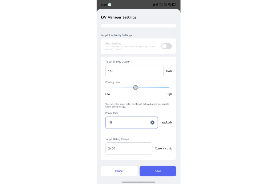 LG AC kW Manager settings